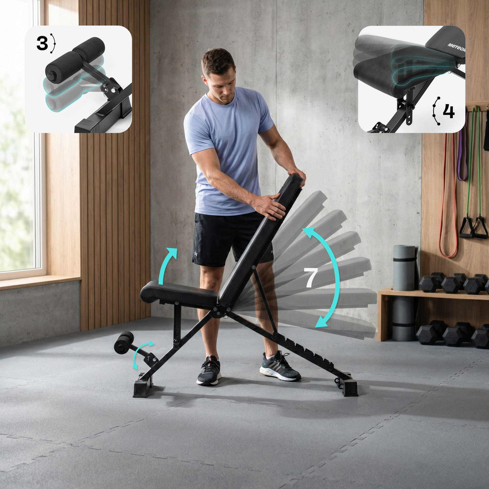 Verstellbare Trainingsbank Meteor mit mehrfach einstellbarer Rückenlehne.