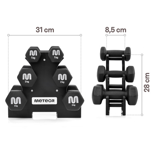 Gusseisen-Hantelset mit Ständer Meteor 3 / 2 / 1 kg